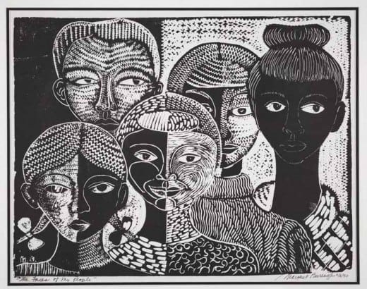 Margaret Burroughs:"The Faces of My People," 1990s, linocut. Margaret Burroughs:"The Faces of My People," 1990s, linocut.