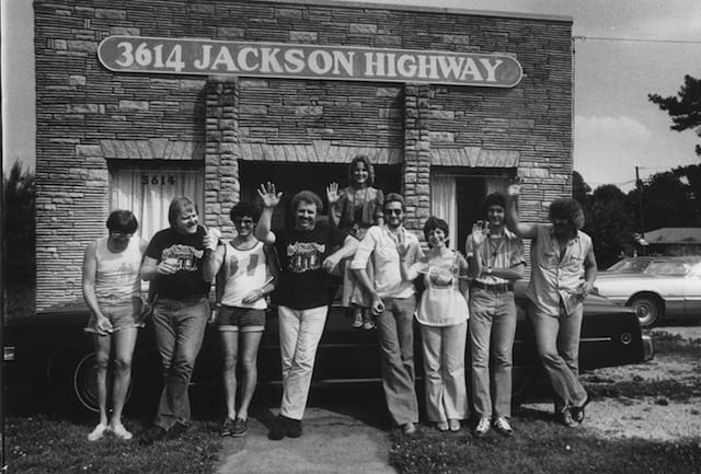 Outside Muscle Shoals Sound Studios, L to R Roger Hawkins, Barry Beckett, David Hood, Jimmy Johnson, Carol Buckins, Steve Melton, Diane Butler, Pearce Pettus and Bobby Heathcote. Outside Muscle Shoals Sound Studios, L to R Roger Hawkins, Barry Beckett, David Hood, Jimmy Johnson, Carol Buckins, Steve Melton, Diane Butler, Pearce Pettus and Bobby Heathcote.