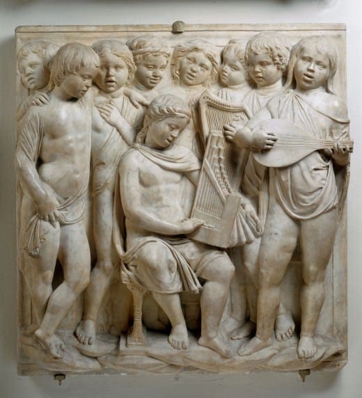 Luca della Robbia: Boys Singing with an Organ, Harp and Lute, 1431-38, marble. From the Museo dell'Opera del Duomo, Florence (Photo: Scala / Art Resource)