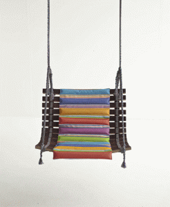 Swing designed by Angela Missoni using recycled wood from wine barrels