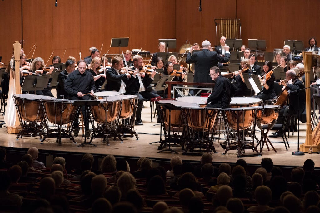 ASO tympanist Mark Yancich (left) stepped into the spotlight on kettledrums with his brother, Paul, at Thursday night's performance. (Photos by Jeff Roffman)