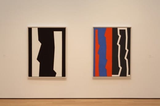 On left: Medford Johnston: Kiu, 1990. Courtesy of the artist © Medford Johnston On right: Johnston's Basic Masai, 1989. New Orleans Museum of Art: Gift of W. Medford Johnston in honor of William A. Fagaly. Both: acrylic, modeling paste, and pencil on canvas. 