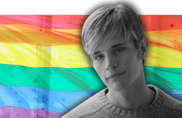 Matthew Shephard with the Pride flag.