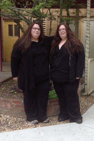 Isabel, left,and Moriah by the stage entrance of Horizon Theatre.