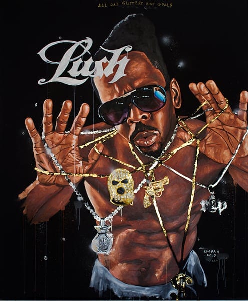 Fahamou Pecou: "All Dat Glitters Aint Goals," 2012. Acrylic, gold and silver leaf, oil stick on canvas, Fahamou Pecou: "All Dat Glitters Aint Goals," 2012. Acrylic, gold and silver leaf, oil stick on canvas,