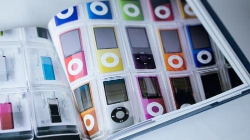 This page from ICONIC displays a rainbow of iPods. 