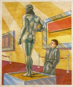 Robert Sherer: Budding Aesthete, pyrography, wood stains on panel.